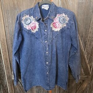 Passion Shirt Women's Size Large Blue Denim Embellished Button Up Embroidered